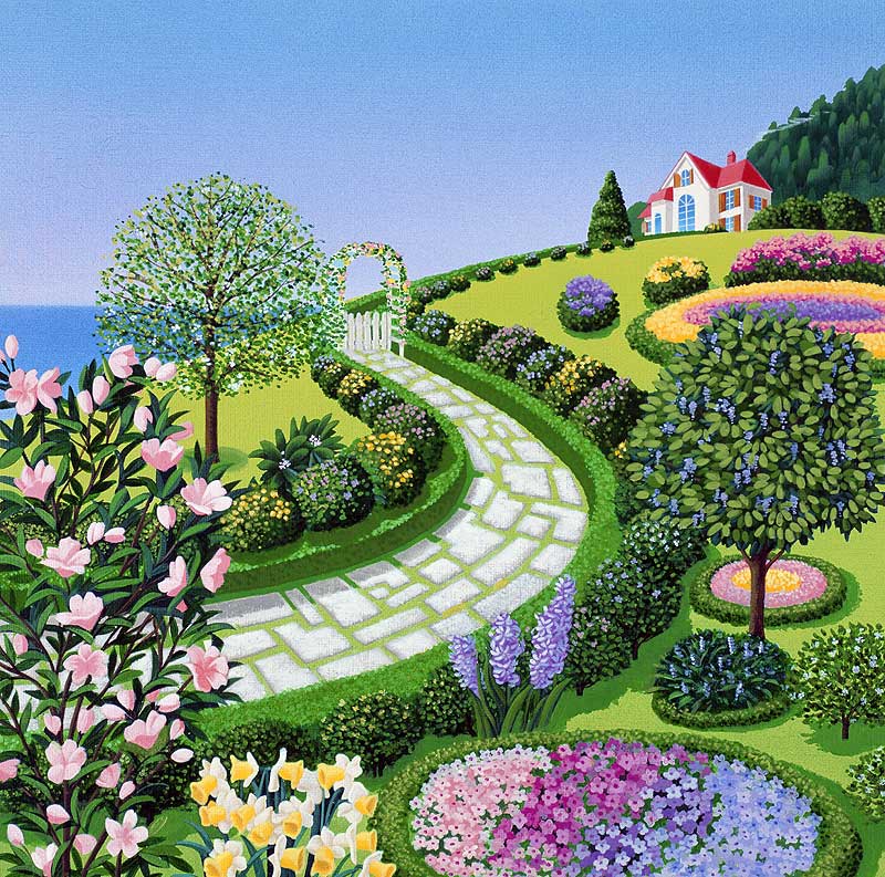 風景イラスト　石畳のある庭園と花壇と丘に建つ赤屋根の家