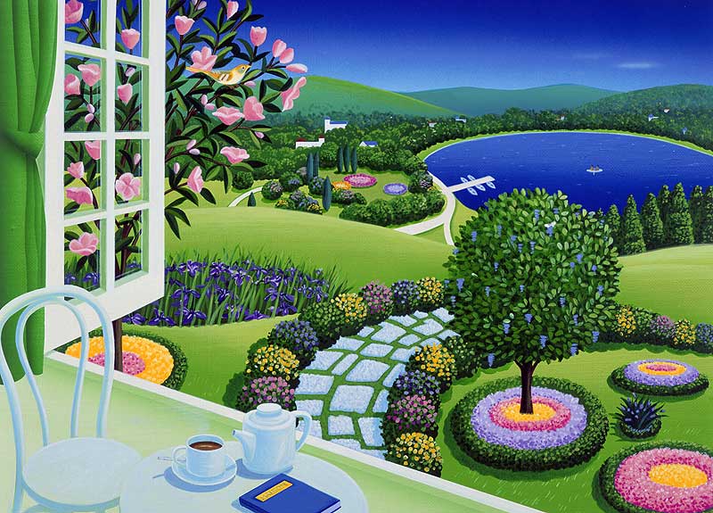 庭イラスト 窓から見た庭園の風景、ガーデニングの絵