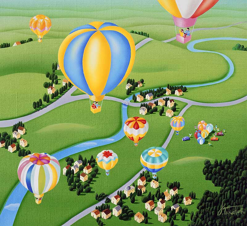 風景イラスト　熱気球から見た地上の風景のイラスト