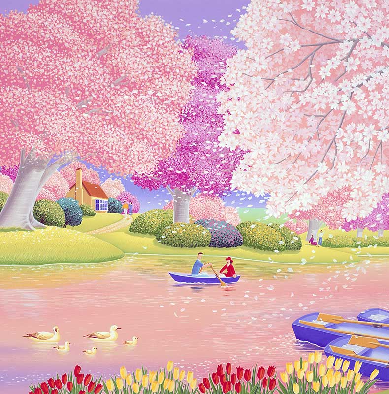 桜満開イラスト　満開の桜　湖でボートを楽しむカップル