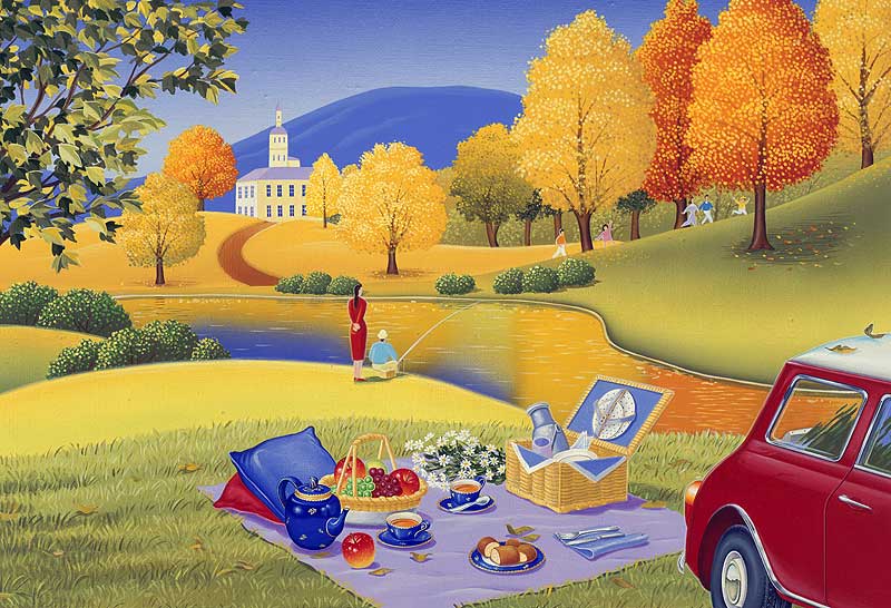 秋のピクニックイラスト　赤い車とピクニックをする二人