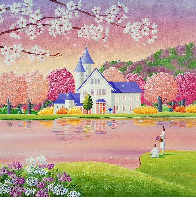 春の湖畔イラスト　桜とお城のような邸宅