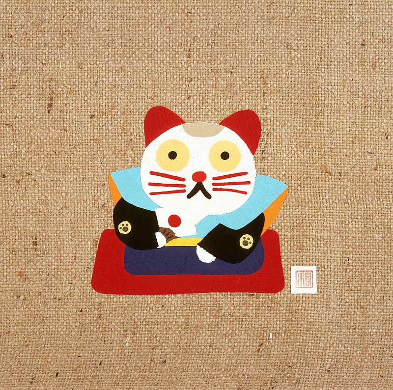 たかいよしかずさん 扇子を持つ福助風招き猫キャラクターイラスト