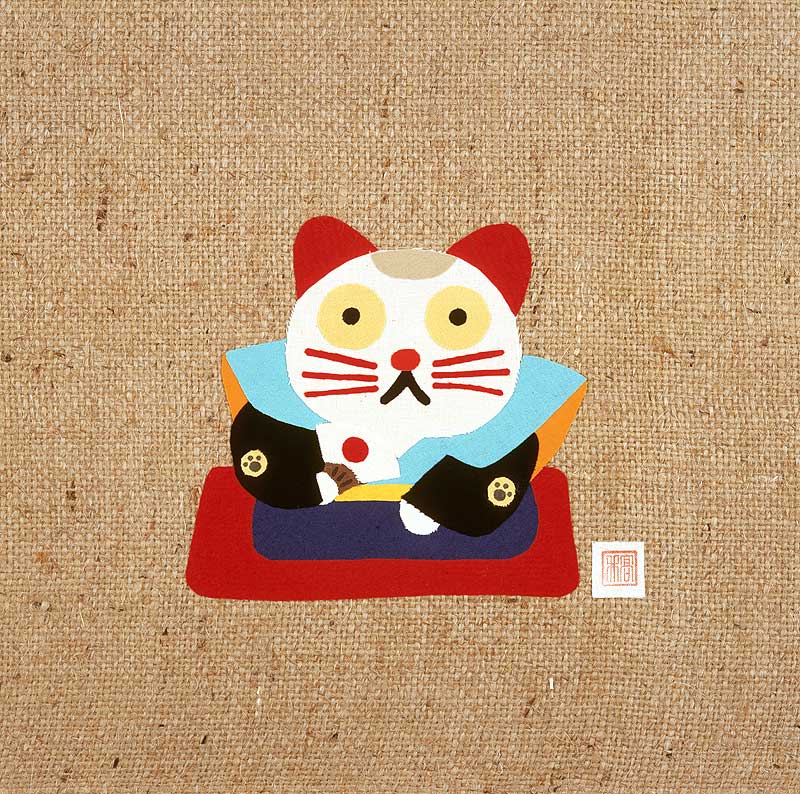 動物イラスト　扇子をひろげる福助まねき猫　　布タッチ