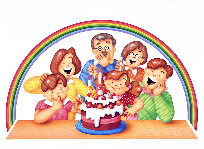 誕生日イラスト　かわいいバースデーケーキを囲む家族