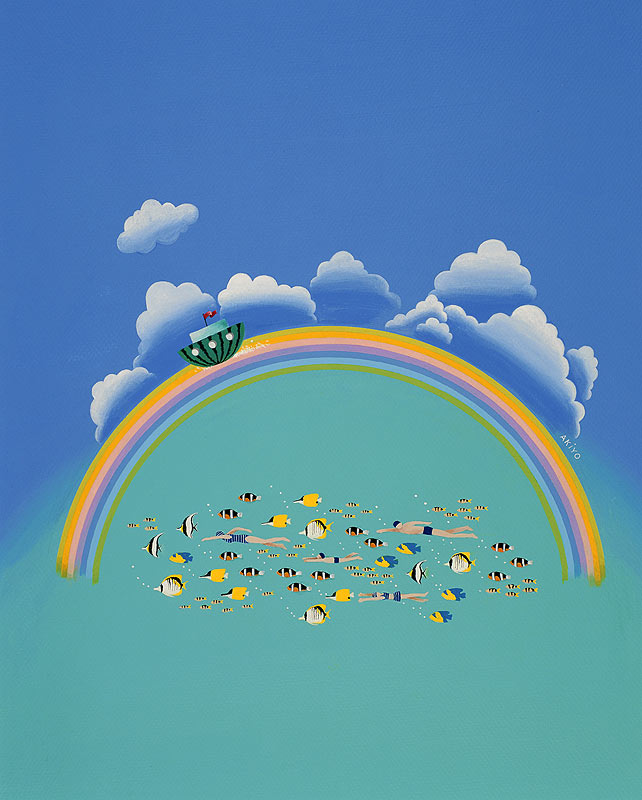 風景イラスト　大きな虹がかかる海を魚と一緒に泳ぐ家族
