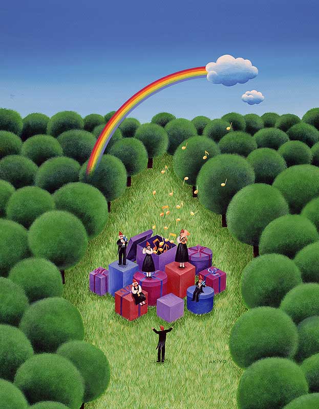 風景イラスト　大きな虹がかかる森の中のコンサート