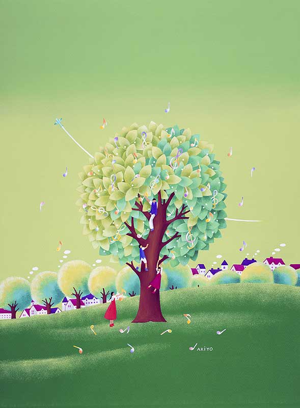 風景イラスト　音符の咲く緑の木のまわりで遊ぶ家族