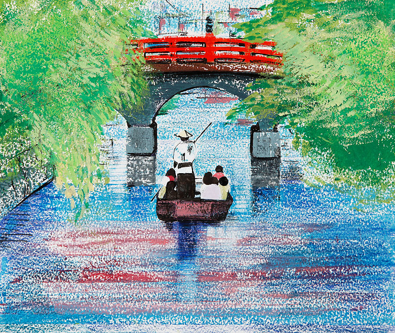 風景イラスト　柳の木と川を渡る舟と朱色の橋