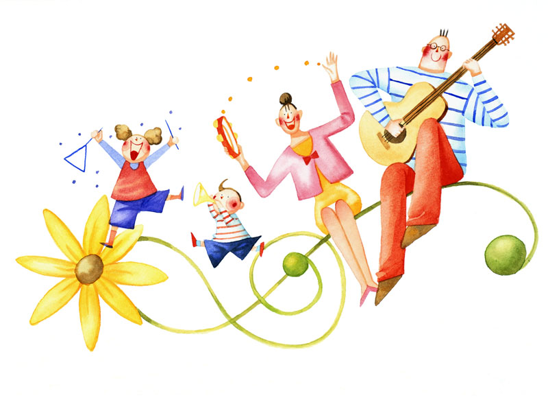 田崎トシ子 花のト音記号に乗って楽器を演奏する家族イラスト