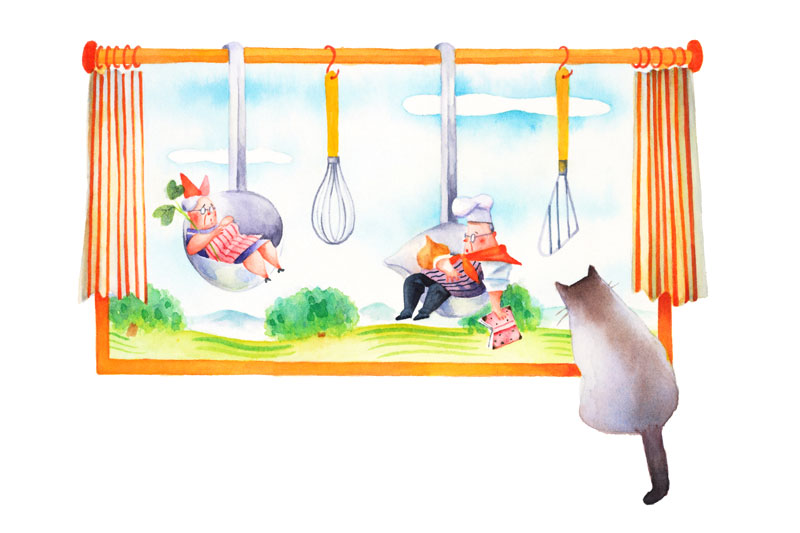 水彩イラスト　台所の窓から覗く猫とキッチンツール