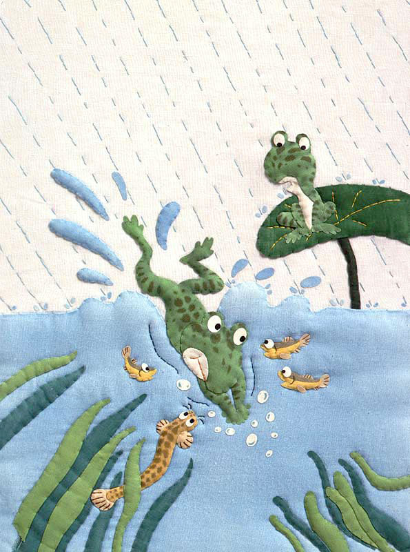 カエルと梅雨の季節イラスト　梅雨の雨の日に池に飛び込むカエル