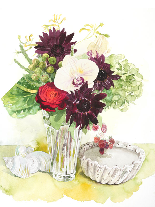 植物・花イラスト　花瓶に茶色い向日葵、ミニ胡蝶蘭、紫陽花