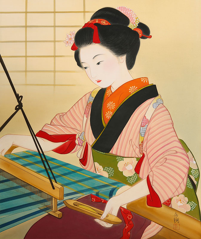 女性イラスト　美人画　機織り機で着物を織る働く女性