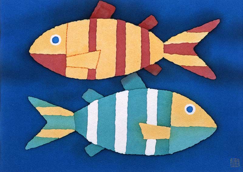 動物イラスト　ロウケツ染め　ストライプの熱帯魚