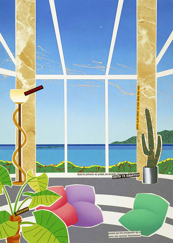 渡邊アキラ　水辺が見える大きな窓の部屋サンルームから見渡す一面の風景イラスト　風景イラスト