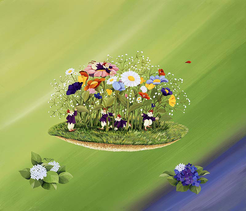 妖精と植物イラスト　空飛ぶ花壇の中でかくれんぼする妖精たちのメルヘンイラスト