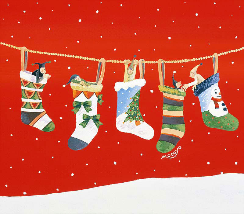 藪田素世　クリスマスのカラフル靴下と顔を出す小人イラスト