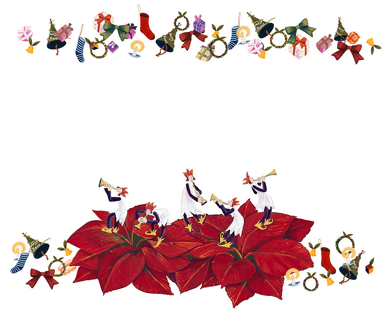藪田素世　ポインセチアとクリスマスアイテムで賑やかクリスマスコンサートのクリスマスフレームイラスト