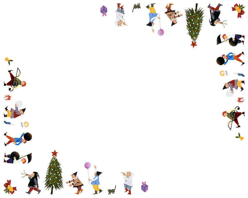 藪田素世 クリスマスツリーとクリスマスメロディのこども達フレームイラスト