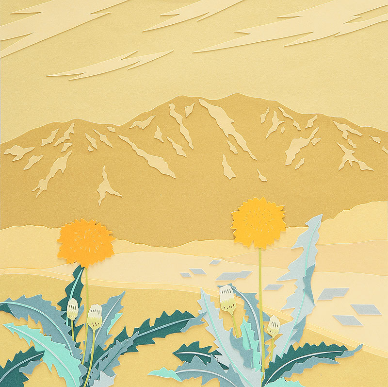 植物イラスト　切り絵、春・タンポポと山