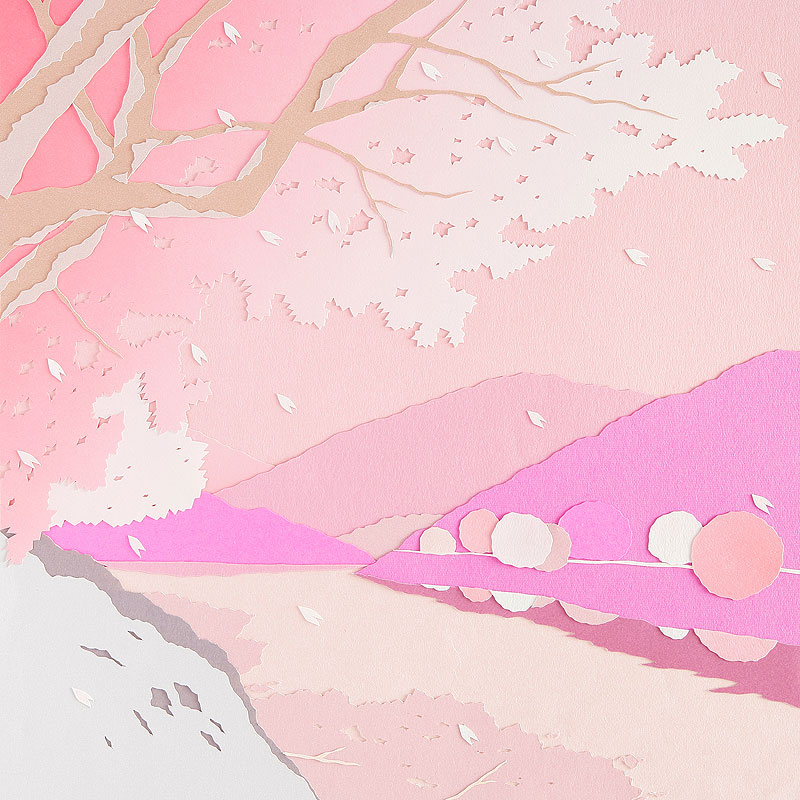 山本高史　春の風景、満開の桜でピンク色の景色の切り絵イラスト