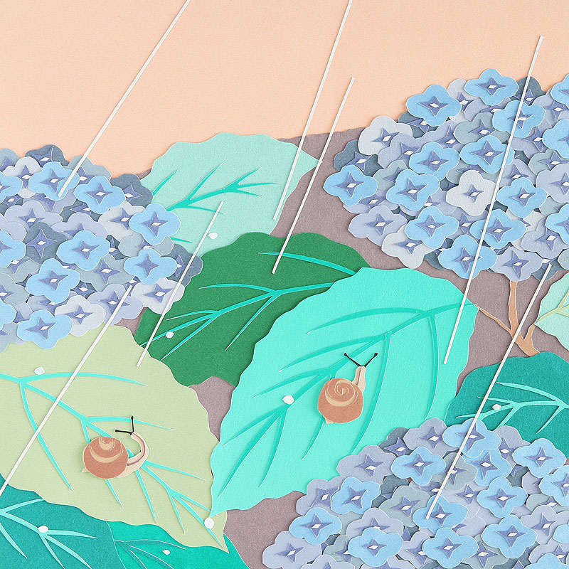 季節イラスト　切り絵、6月・雨とアジサイとカタツムリ