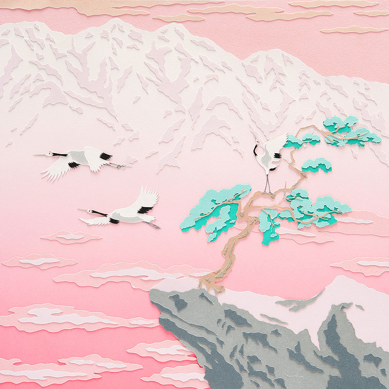 お正月イラスト　春はあけぼの、松の木から飛び立つ鶴の風景画のお正月イラスト