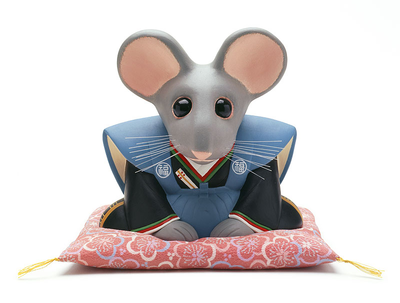 かわいいねずみイラスト　正月座布団に座り裃を着て挨拶する干支ネズミ
