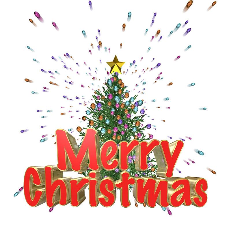 クリスマスイラスト　赤と金のMerry Christmas（メリークリスマス）文字とはじけるクリスマスツリー