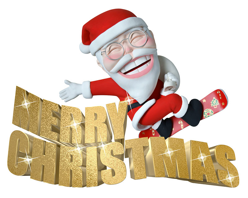 クリスマスイラスト　金色MERRY CHRISTMAS（メリークリスマス）文字とプレゼント袋を背負ってスノボに乗ったサンタクロースイラスト