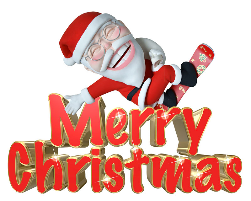 クリスマスイラスト　赤と金のMerry Christmas（メリークリスマス）文字とプレゼント袋を背負ってスノボに乗ったサンタクロース