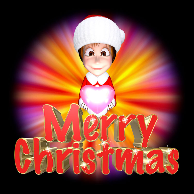 クリスマスイラスト　暗闇に赤く浮かび上がる赤と金のMerry Christmas（メリークリスマス）文字とハートを持ったサンタクロースコスプレ女性