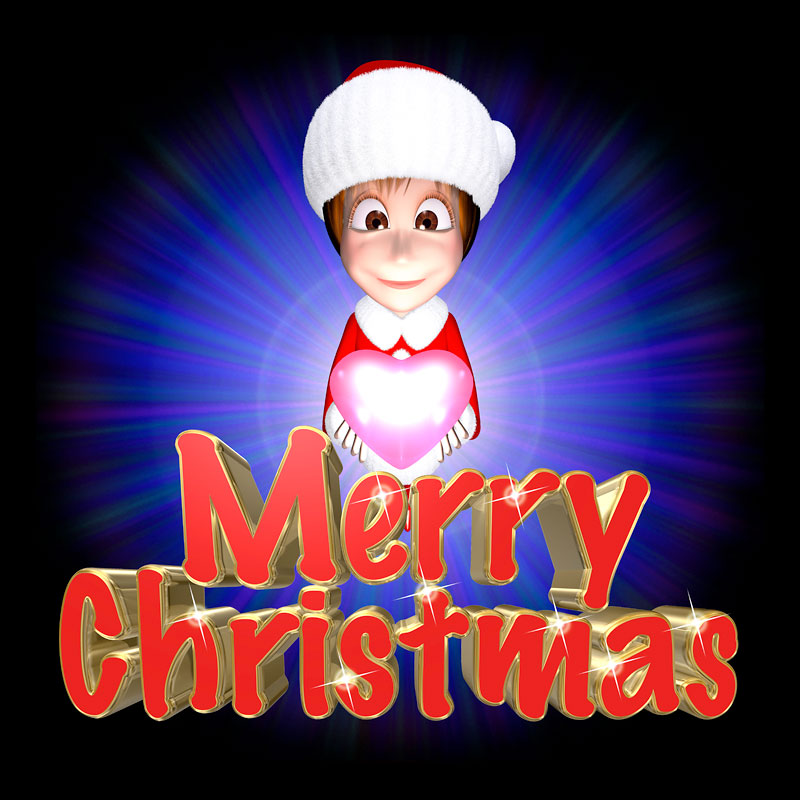 クリスマスイラスト　暗闇に青く浮かび上がる赤と金のMerry Christmas（メリークリスマス）文字とハートを持ったサンタクロースコスプレ女性