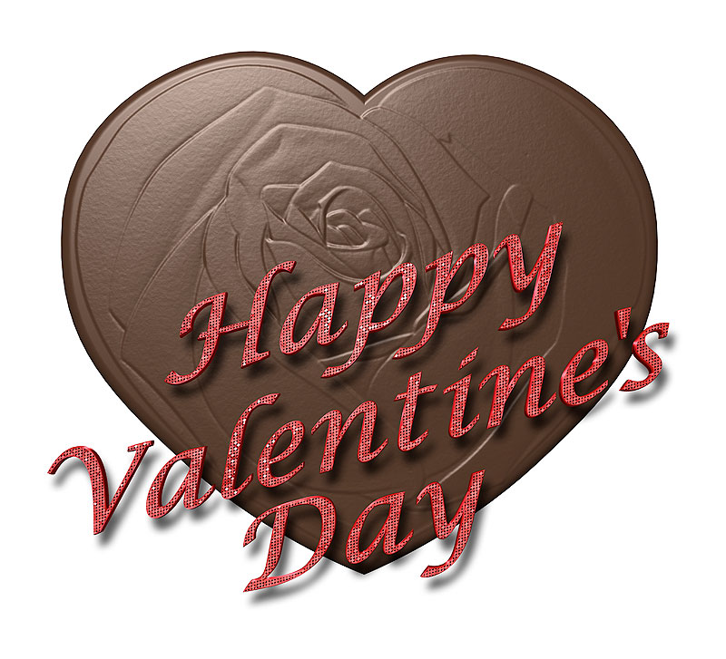 バレンタインイラスト　Happy Valentine's Day（ハッピーバレンタインデー）文字と愛の花言葉薔薇のハートチョコレートのバレンタインイラスト