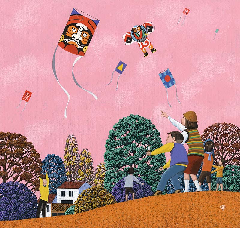 凧あげイラスト　正月の公園で凧上げを楽しむ親子