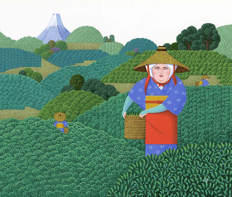 茶摘みイラスト　茶畑　5月の富士山の見える茶畑と茶摘み娘の画像素材