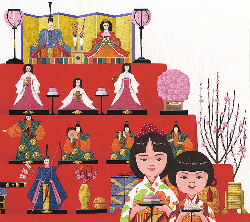 お雛さまイラスト　雛祭り雛壇の雛人形と女の子で桃の節句