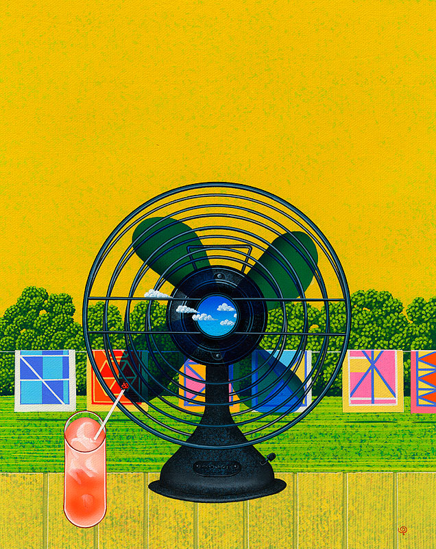 レトロ扇風機イラスト　縁側のジュースと扇風機と芝生の庭