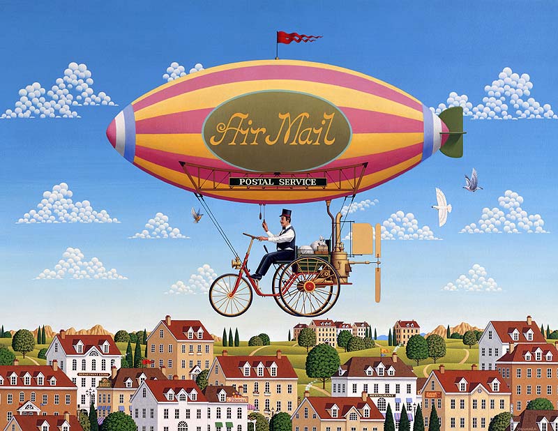 気球イラスト　人力飛行船（空飛ぶ自転車）を漕ぐ郵便配達夫の画像　ヨーロッパの風景　レトロイラスト