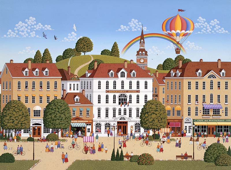 風景イラスト　ヨーロッパの町並みに人と空には気球や虹