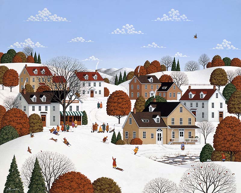 雪景色のイラスト画像　冬のヨーロッパ風景レトロ調イラスト