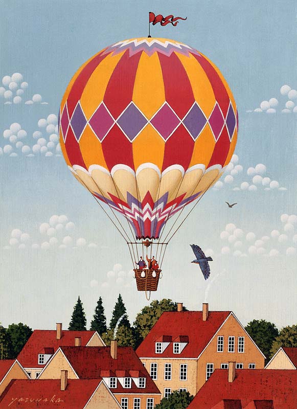 風景イラスト　家並みの上を人の乗った気球が浮かんでいる