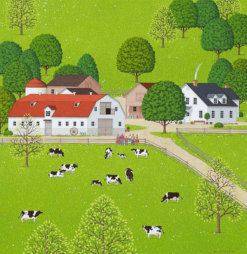 風景イラスト　春の牧場の風景で牧草を食べる牛を見る家族