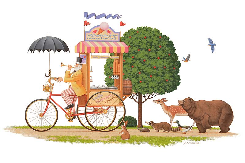 安中昭夫　アイスクリーム売りのおじいさんと動物たちのメルヘン童話イラスト　メルヘンイラスト
