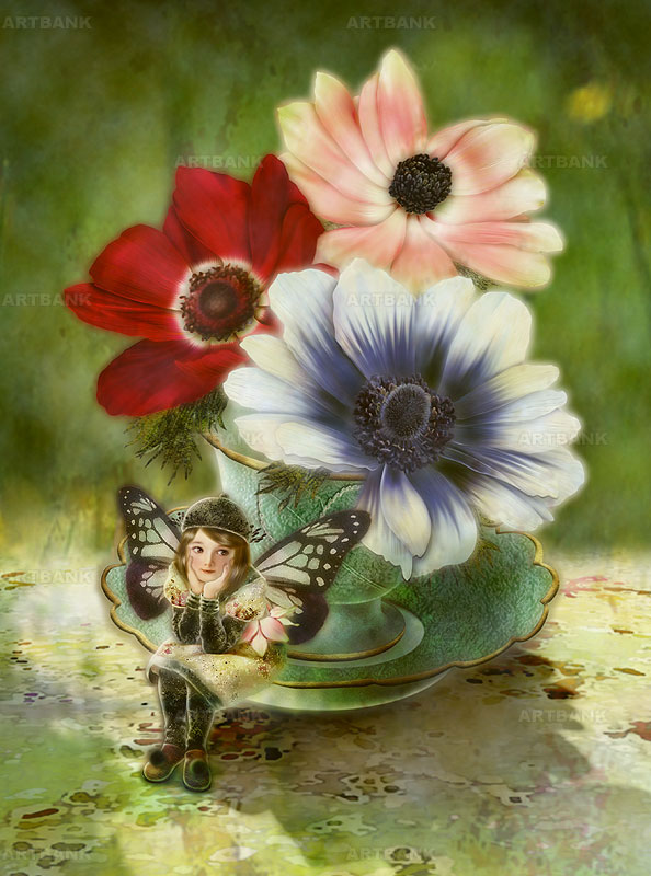 横田美晴 ティーカップに入ったアネモネの花と頬杖をついて座る妖精イラスト メルヘン妖精イラスト