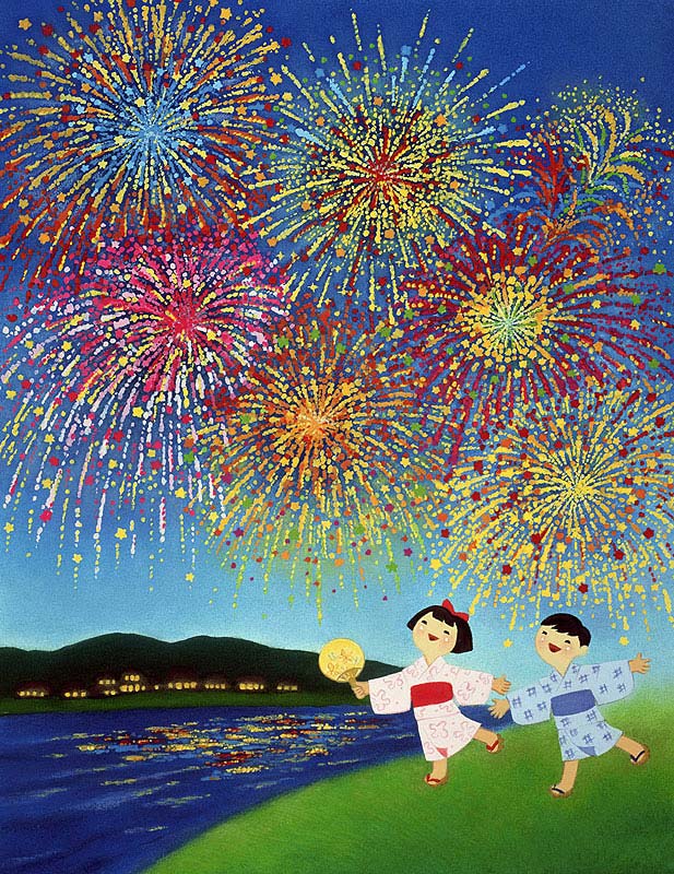 和風イラスト　夏祭りの花火と浴衣姿の子ども