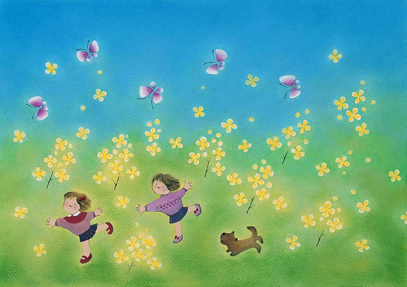 子供イラスト　菜の花畑で遊ぶ子供と蝶々