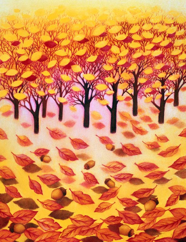 風景イラスト 秋の紅葉と落葉のメルヘン背景