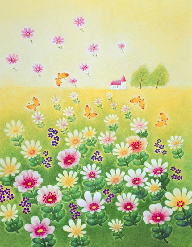 風景イラスト 春の花園に舞う蝶のメルヘン背景